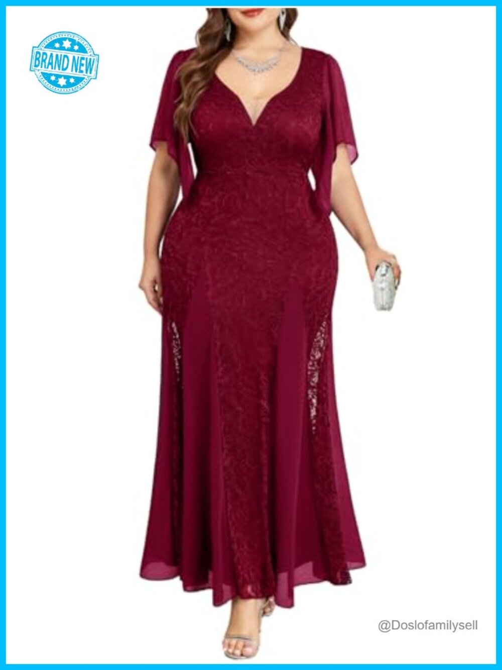 Plus Size Lace Chiffon Maxi Dress Handkerchief Sleeve Wedding Guest
